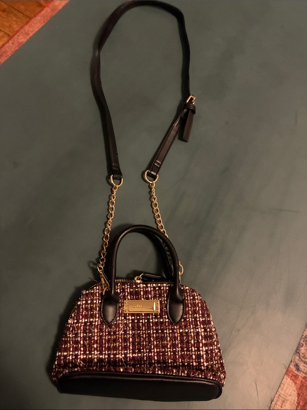 GUESS Burgundy Metallic Tweed Mini Satchel Crossbody Bag